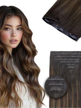20”Human Hair Clip-in Extensions – Dark Brown/Chestnut 7 pcs